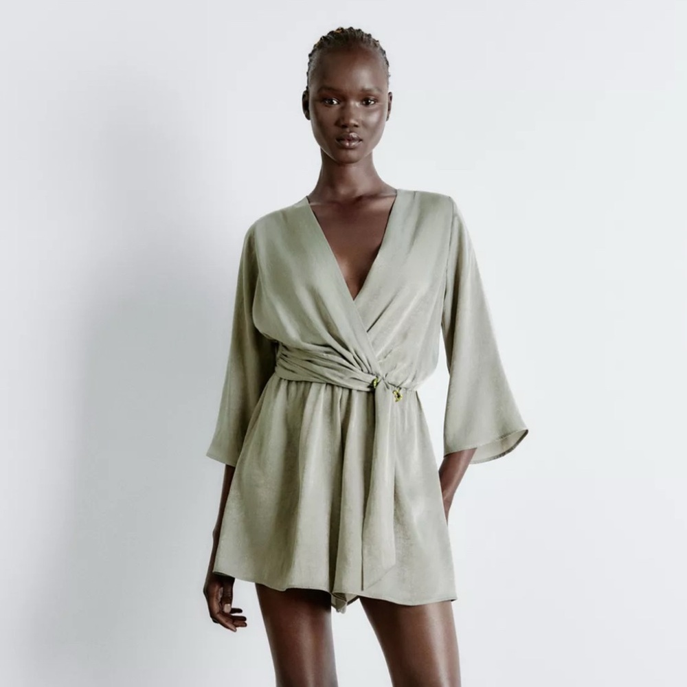 NWT Zara Link Satin Effect Jumpsuit in Khaki Green Ref. 8099/608
